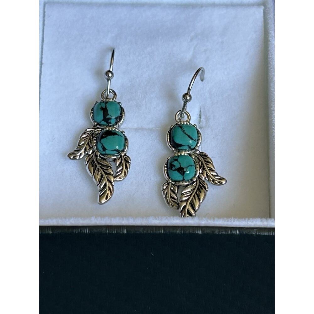 Whispering Winds Montana Silversmiths Dangle Green Turquoise & Leaves Earrings